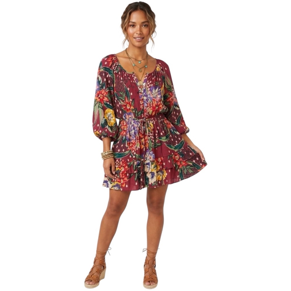 Gypsy Love Burgundy Floral Boho Smocked Mini Dress XL